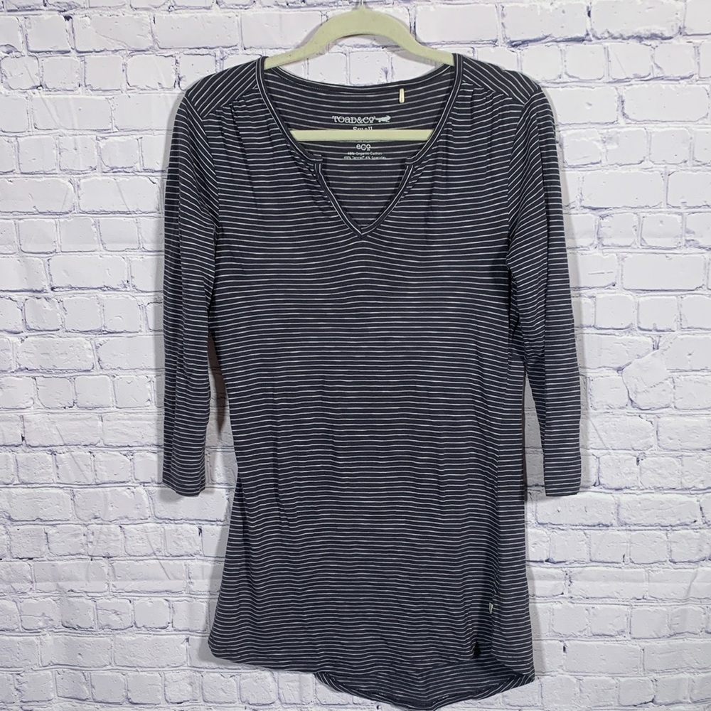 Toad & Co Womens Striped 3/4 Sleeve V-Neck Top Navy Size S Organic Casual Longer